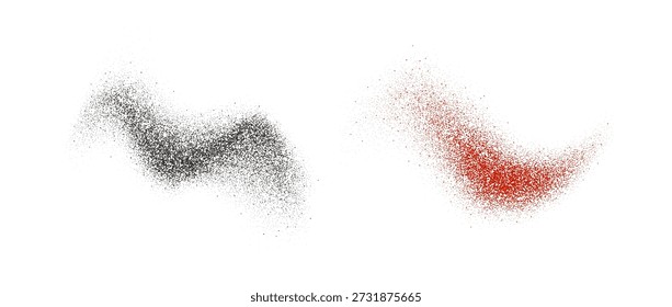 Salpicaduras de polvo de pimiento negro y rojo. Estallan partículas de sazonador volador. Pilas de suciedad con textura de polvo gris y rosa. Explosión de especias secas. Escamas de sal y pimienta esparcidas en la superficie. Ilustración vectorial