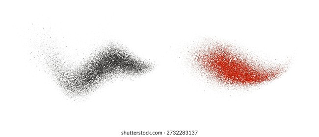 Salpicaduras de polvo de pimiento negro y rojo. Estallan partículas de sazonador volador. Pilas de suciedad con textura de polvo gris y rosa. Escamas de sal y pimienta esparcidas en la superficie. Explosión de especias secas. Ilustración vectorial