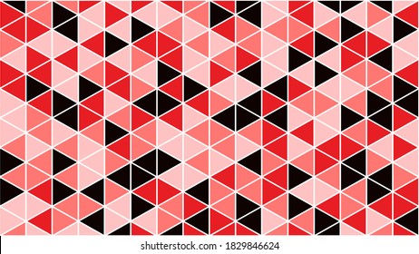 black, red, pink, beige triangles are arranged in rows on a white background. beautiful motley geometric wallpaper. vector
