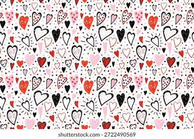 Patrón sin fisuras de Vector de corazones rojos y rosados negros, fondo dibujado a mano para el diseño y los Anuncios del paquete del día de San Valentín