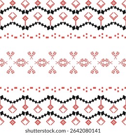 Black and red pixel art flower on a white background wallpaper oriental seamless pattern. Cross-stitch pattern. Ethnic decor style. geometric ornament. Vector seamless pattern. Ukrainian ornament. 