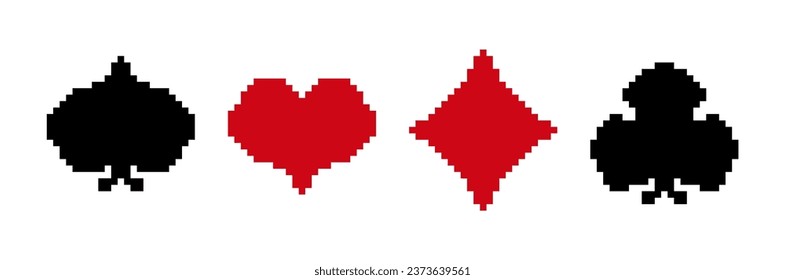 Black and red pixel card suits. Pixelated game of gambling luck in poker and successful game in casino with blackjack and vector bets