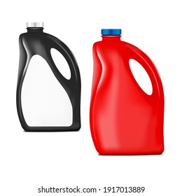 Black and red plastic bottle with handle and screw cap. Fabric conditioner, softener, liquid detergent package. Vector template. Easy to recolor.