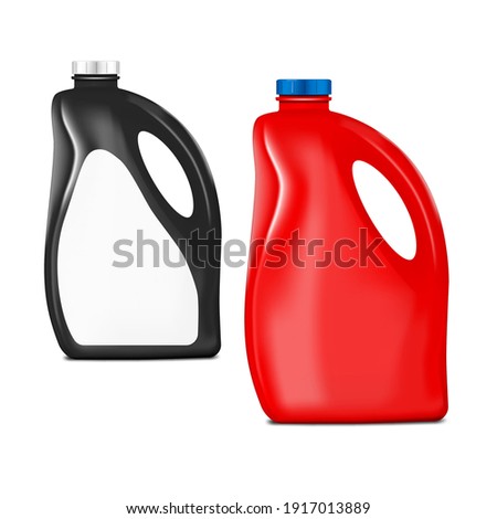 Black and red plastic bottle with handle and screw cap. Fabric conditioner, softener, liquid detergent package. Vector template. Easy to recolor.
