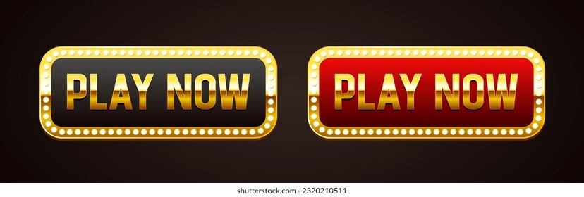 Black and red Play Now buttons. A buttons in a golden frame with light bulbs. Vector clipart isolated on white background.