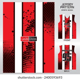 Black red polka dots white straight stripes pattern design, illustration, textile background for sports t-shirt, football jersey shirt mockup for football club. consistent front view