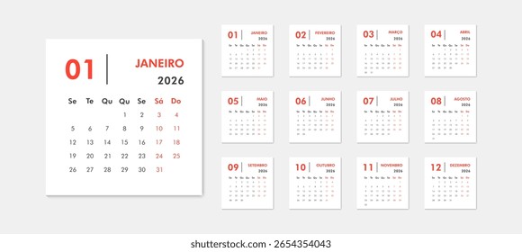 Calendário português preto e vermelho para 2026 — grande mês de janeiro à esquerda, miniaturas de todos os meses à direita, início da semana de segunda-feira