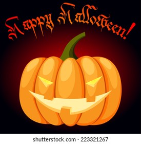 Black and red poster or greeting card with pumpkin with an evil face for Halloween