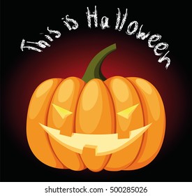 Black and red poster or greeting card with pumpkin with an evil face for Halloween