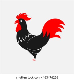 Black and red rooster - the symbol of the chinees new year. Cartoon drowing of the domestic bird isolaterd on white background