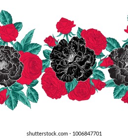 
Black and red roses.
Vector seamless flower pattern for cards, textiles, backgrounds.Vintage style. Border.
