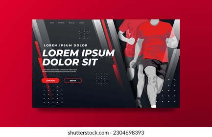 Diseño de la página de aterrizaje Black and Red Running Sport con ilustración vectorial del corredor con elegante ilustración de diseño conceptual. afiche de correr. Maratón. Maratón de la ciudad. página de inicio