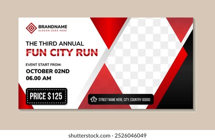 Black and Red Running Sport landing page design with diagonal space for photo. vector illustration with elegant concept design illustration. run poster. Marathon City. horizontal layout design.