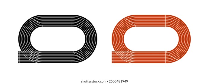 Pistas de carreras negras y rojas. Vista superior del estadio. Hipódromo para la carrera de velocidad, maratón u otra competición deportiva atlética aislado sobre fondo blanco. Ilustración plana de Vector.