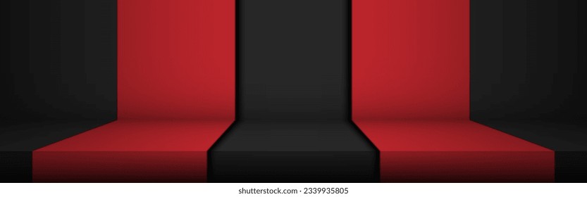 Black and Red scene horizontal background. Empty studio for product display, advertising, show, winner, on Black and Red colors backdrop. Blank stage table floor. Minimal style. Vector illustration.