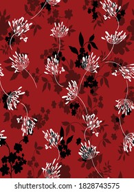 flor vectorial floral sin costuras de color negro y rojo deja un patrón sobre fondo rojo