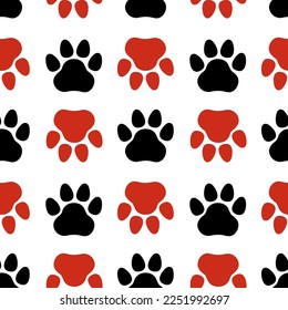Black and red seamless pattern with animal paw prints. Footprints. Isolated vector illustration eps 10