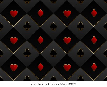 Black and red seamless pattern fabric poker table. Minimalistic casino vector 3d background with texture composed from volume card symbol