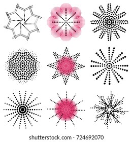 Black and red set of graphic figures, flowers outline, mosaic of dots, vector illustration
