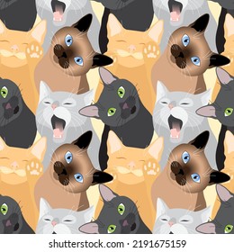 Black, red, Siamese, gray cats. Animal seamless pattern, print. Vector illustration