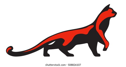 Black and red silhouette of cat. Vector illustration.