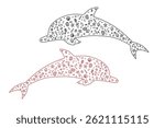 Black and red silhouette of a dolphin filled with sea shells line art design against a black background, used for wallpaper, background, and other decorative purposes.