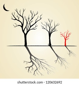 Black and red silhouette of a tree without leaves