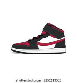 Black and Red Sneaker shoes isolated on white background. Sneakers side view flat style design. Vector Illustration	