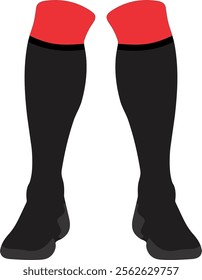 Black and red soccer socks mockup. Empty elastic knickerbockers or stockings mock up, isolated. Clear football long gaiters mockup template. Black red soccer socks. vector illustration