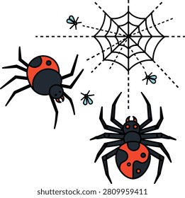 Black and Red Spider Vector Illustration with Web and Flies