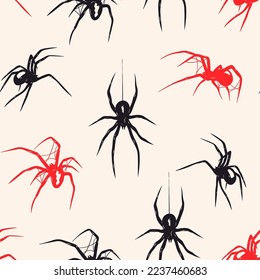 Black and red spiders. Various positions. Deadly venomous spider. Black widow. Hand drawn Vector illustration. Halloween decoration, design template. Square seamless Pattern, background, wallpaper