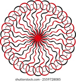 Black and red spiral lines in a circle.