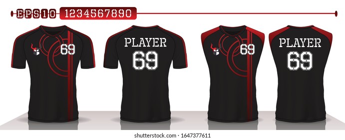 Black and red sport shirt ,T-shirt sport design set ,Vector Soccer jersey template, football sport shirt front and back model.