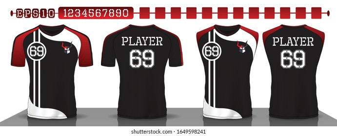 Black and red sport shirt ,T-shirt sport design set ,Vector Soccer jersey template, football sport shirt front and back model.