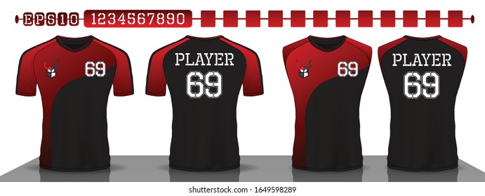 Black and red sport shirt ,T-shirt sport design set ,Vector Soccer jersey template, football sport shirt front and back model.