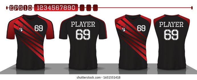 Black and red sport shirt ,T-shirt sport design set ,Vector Soccer jersey template, football sport shirt front and back model.