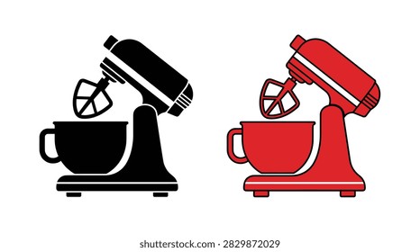 Black and red stand mixer icons for kitchen appliance branding and bakery menu vector illustrations
