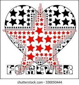 black and red stars create love heart illustration and forever word together vector prints pattern. for fashion and graphic design. t shirt print, screen printing, valentines day and special day gift 