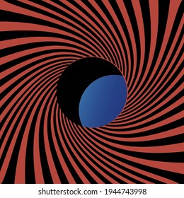 The black and red stripes twisting into the tunnel form and hole through which a blue background with light. Vector The End background