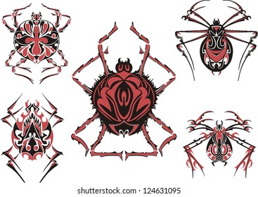 Black and red symmetric spider tattoos. Vector Illustration EPS8