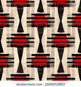 Black and red symmetrical shapes on a cream background. grunge lines ikat pattern, striped seamless pattern, Vector illustration background for print the paper.