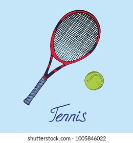 Black and red tennis racket and green ball, hand drawn doodle sketch with inscription, isolated vector color illustration