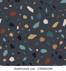 Black And Red Terrazzo Wall Vector Seamless Pattern. Abstract Terrazzo Tile Texture. Dark Repeat Wallpaper.