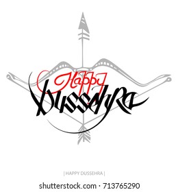 Black and red text calligraphic inscription Happy Dussehra festival Indian with bow on a white background. Vector illustration