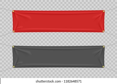 Black and red textile banners with folds. Blank hanging fabric template set. Vector illustration