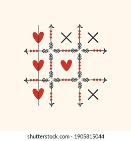 Black and red Tic Tac Toe game with arrows, heart and cross sign icons card on pink background