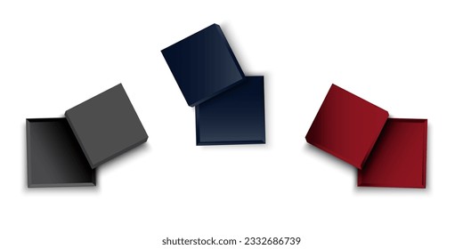 Black, red top view box. Empty cube packages. Dark package square boxes with open cap. Vector illustration. stock image.