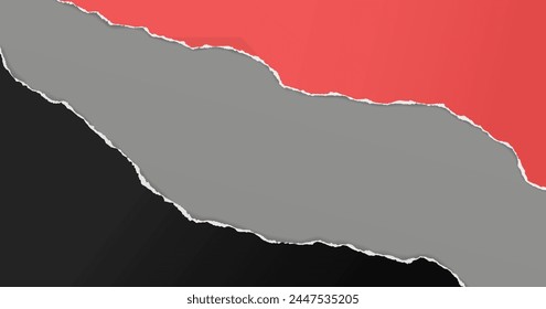 Black, red torn paper strips with soft shadow are on grey background for text or ad.