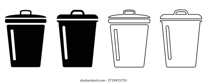 Conjunto de vetor de latas de lixo preto e vermelho - caixas abertas e fechadas, símbolos de reciclagem, ícones de silhueta