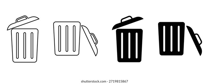 Conjunto de Vectores de latas de basura negras y rojas: contenedores abiertos y cerrados, símbolos de reciclaje, iconos de silueta